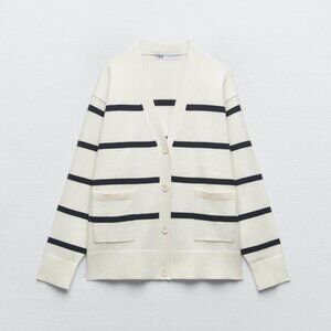 NWT Zara Cardigan White Ivory Black Striped Neutral Small Classic